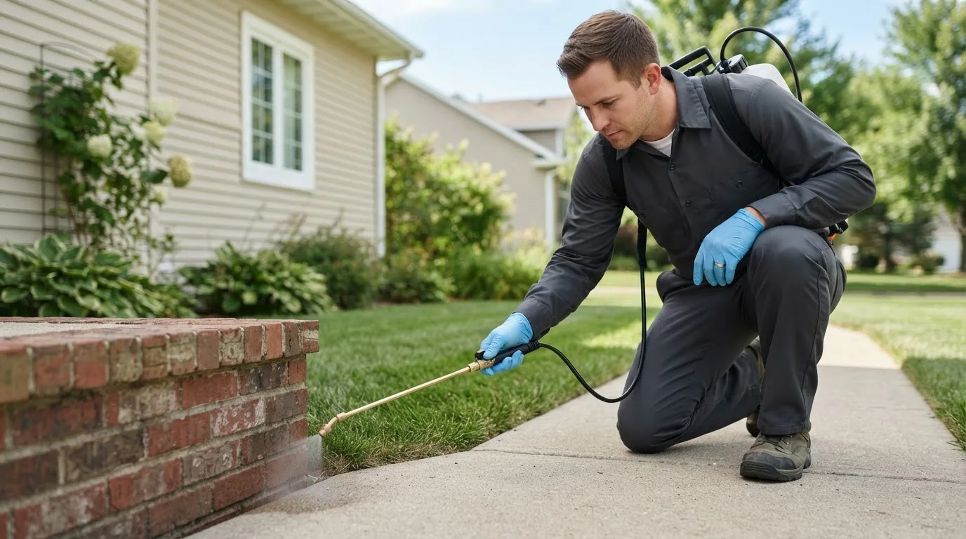 Pest control technician treating a home near Macomb, OK