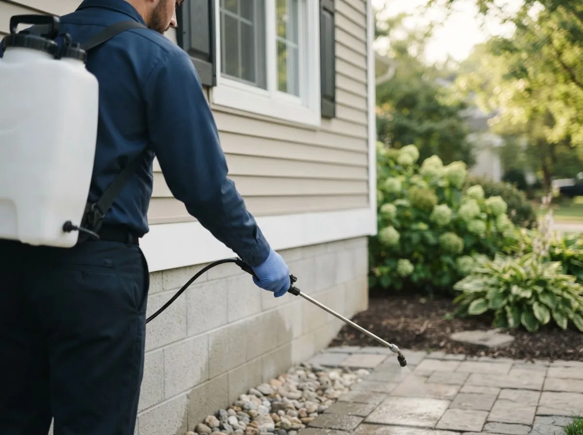 Pest control technician inspecting a home in Macomb, OK